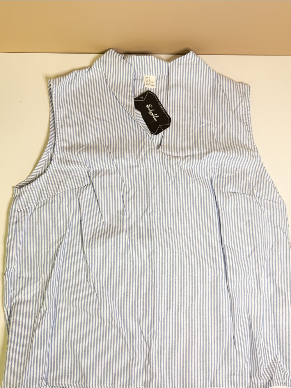 Sleeveless Blue & White Pinstripe V-Neck Top